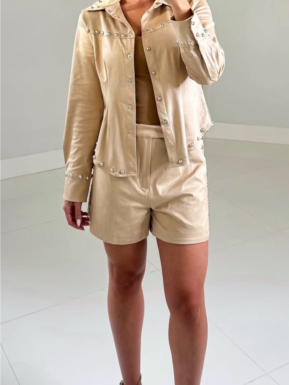 Beige Studded Jacket & Shorts Set